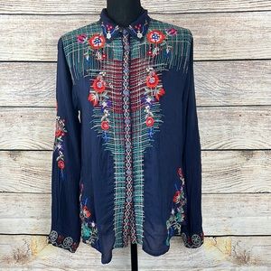 Johnny Was Navy Blue Embroidered Button Down Shirt Size S